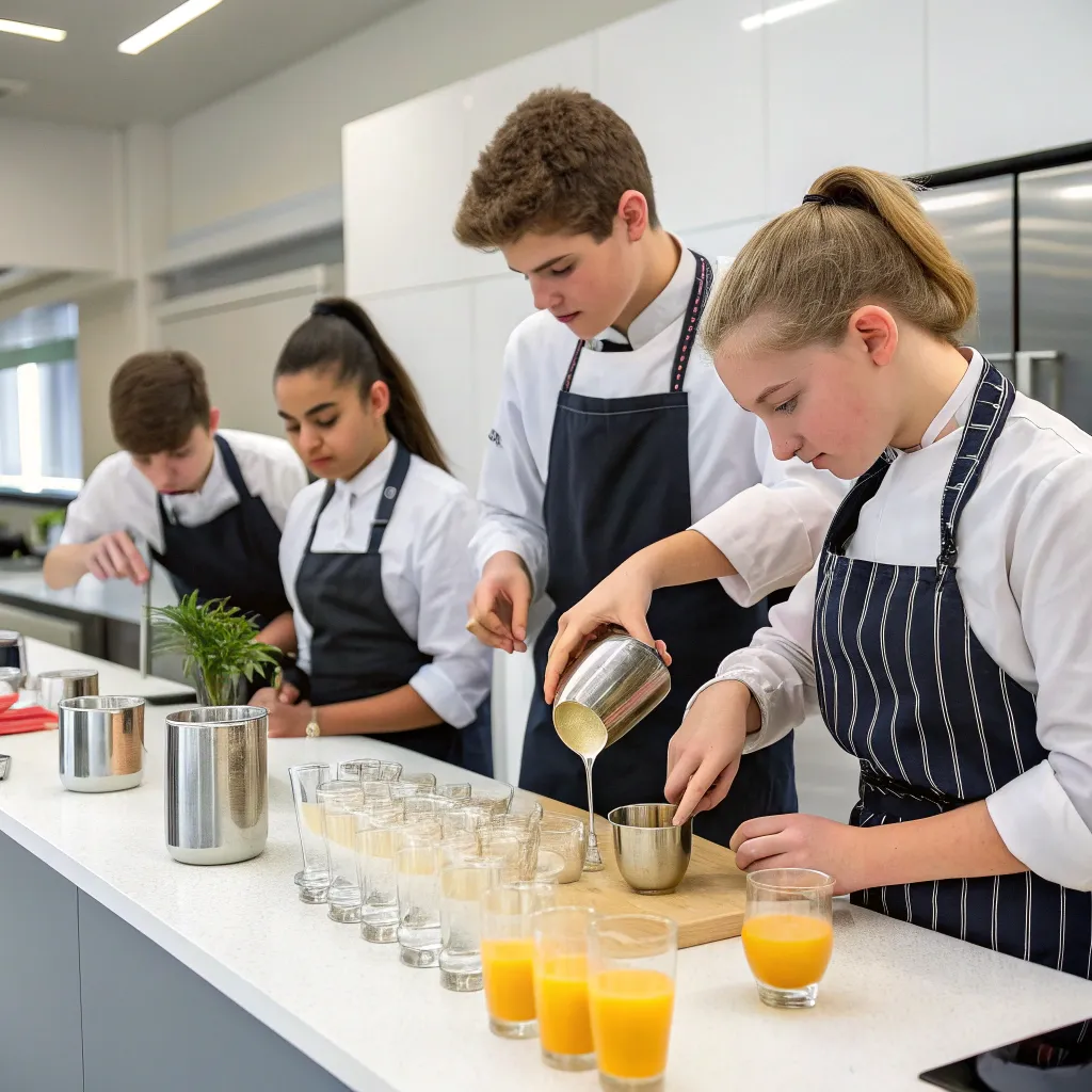 Students learning beverage preparation techniques